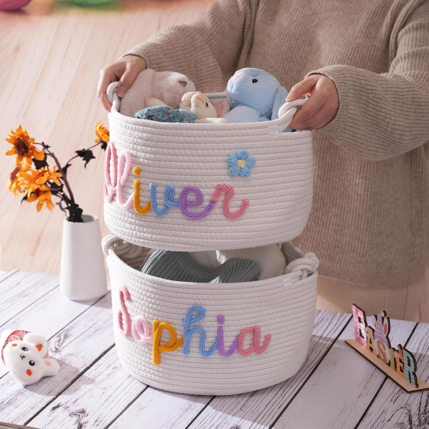 JUPPE Personalized Baby Name Basket with Cotton Rope Design