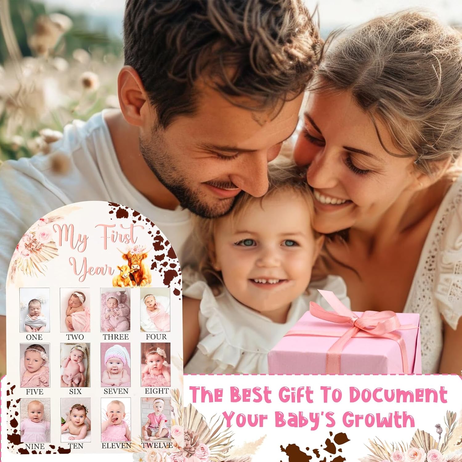 Cheerupp Highland Cow My First Year Photo Frame Pink 12 Months Baby Milestone Display Board
