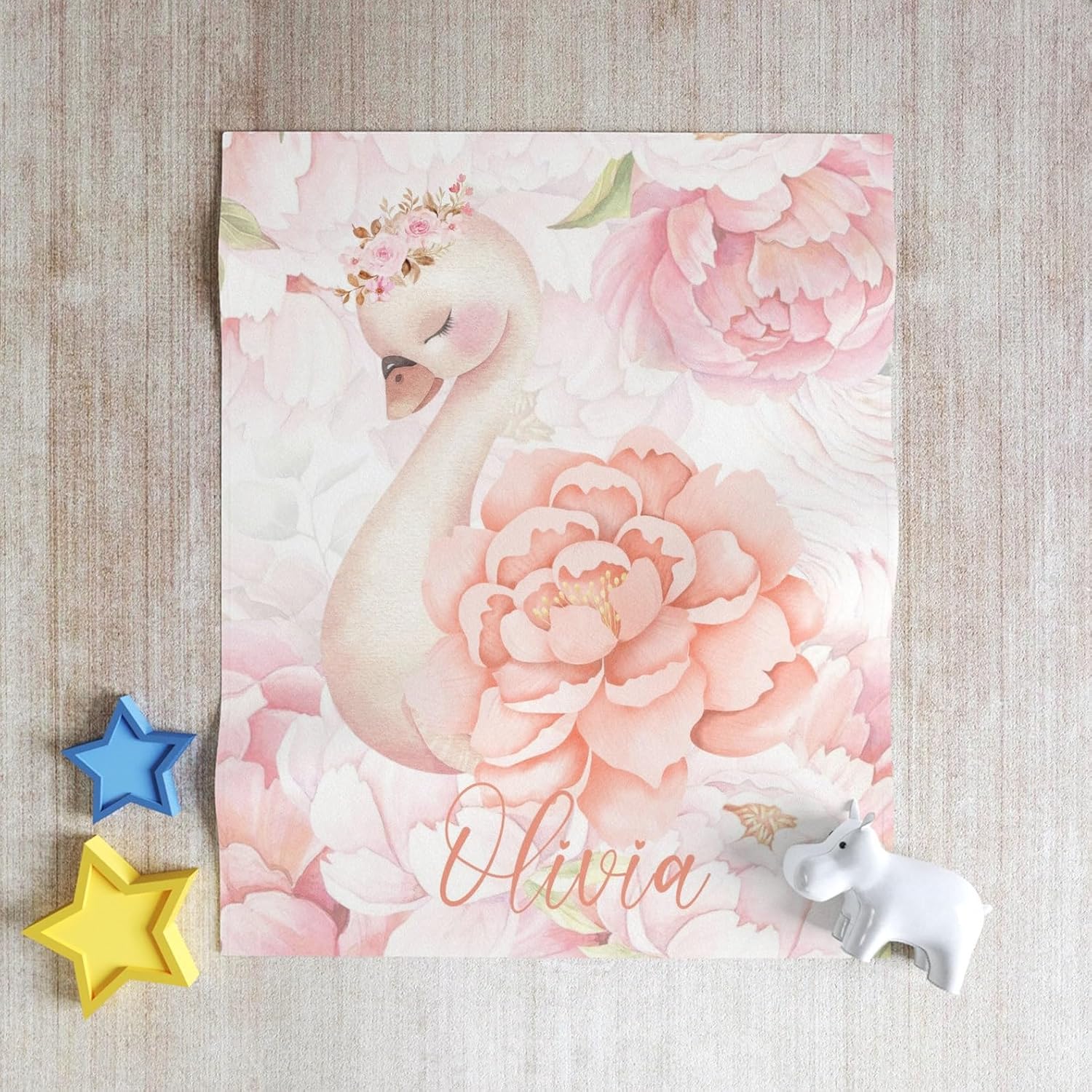 Customized Pink Baby Blanket with Floral Swan Design