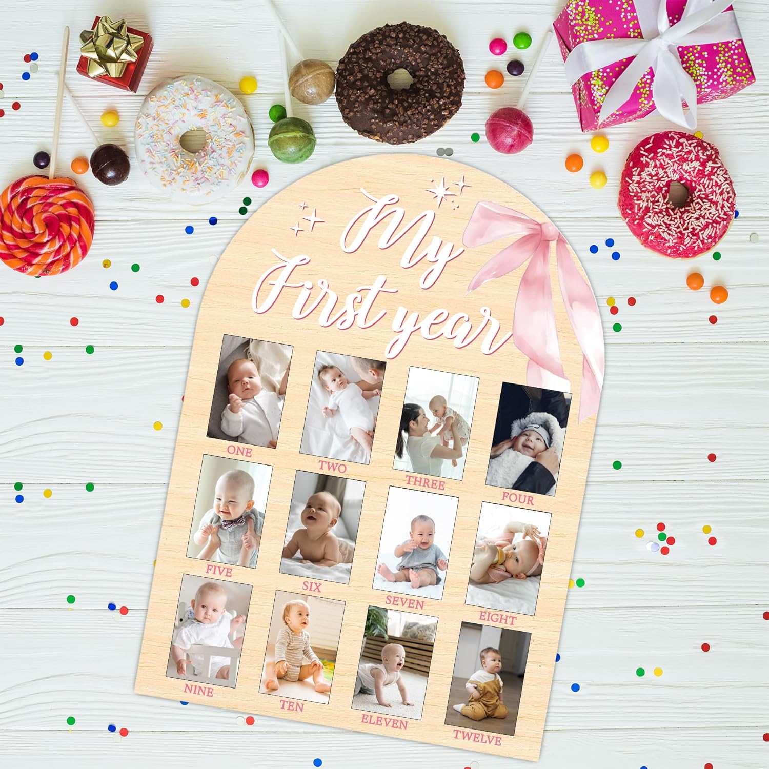 My First Year Milestone Photo Board with Pink Bow Decor