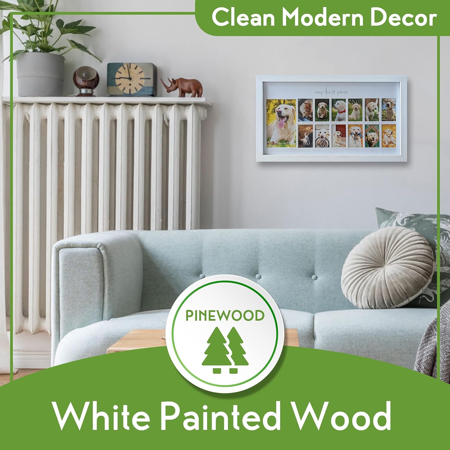 Green Pollywog First Year Dog Photo Frame 12-Month Keepsake Display White Wood Frame