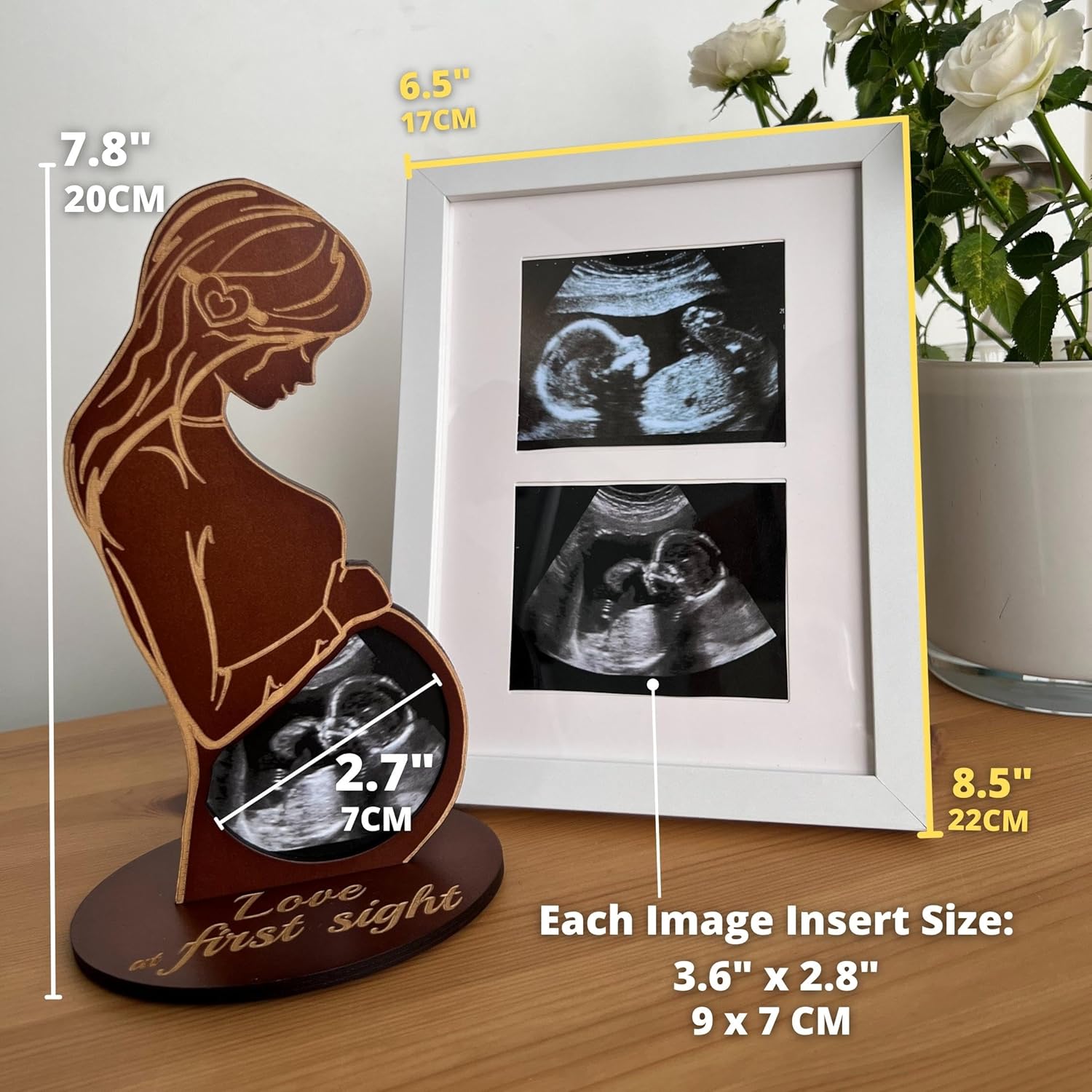 Hearts Sign Ultrasound Picture Frame Set - Unique Wooden Baby Keepsake Bundle