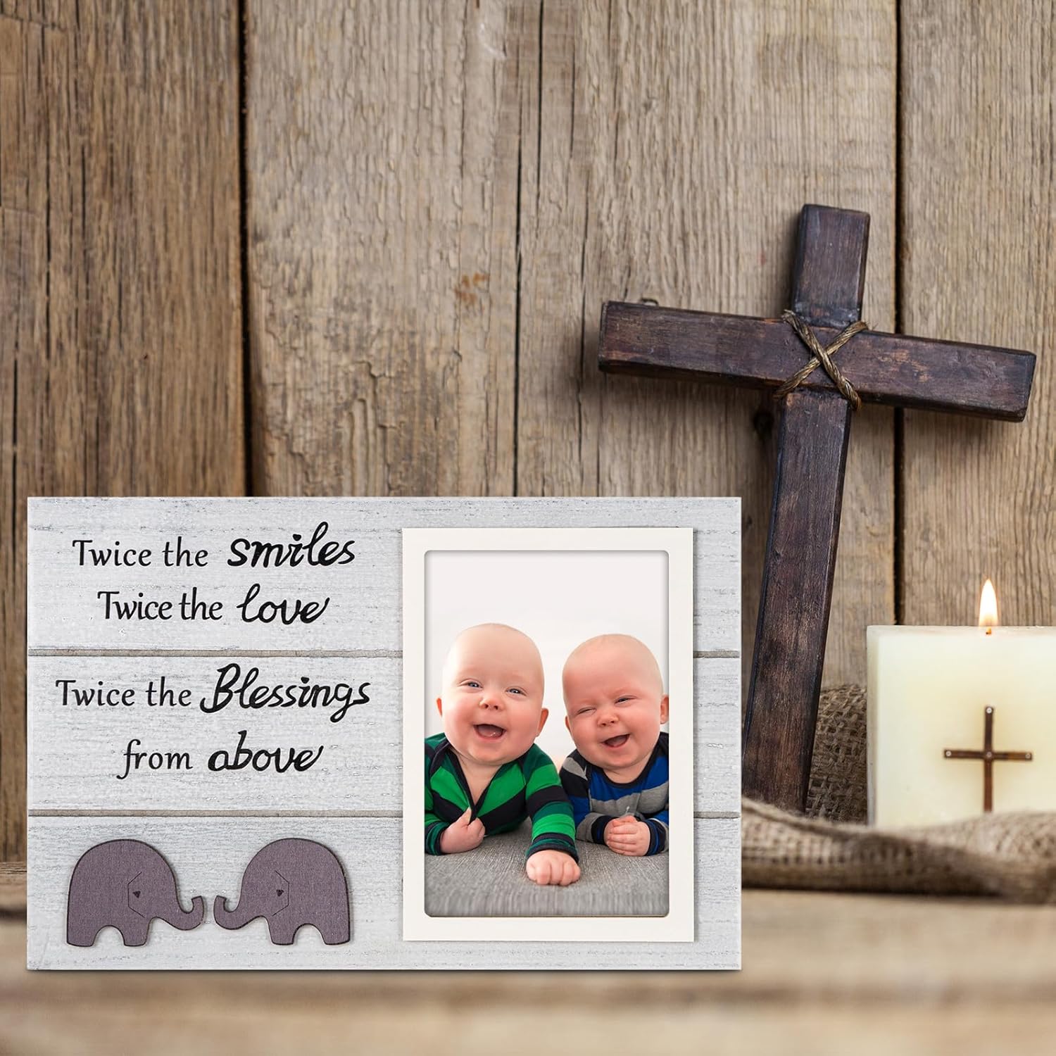 Twins Picture Frame with Elephant Design - 4x6 White