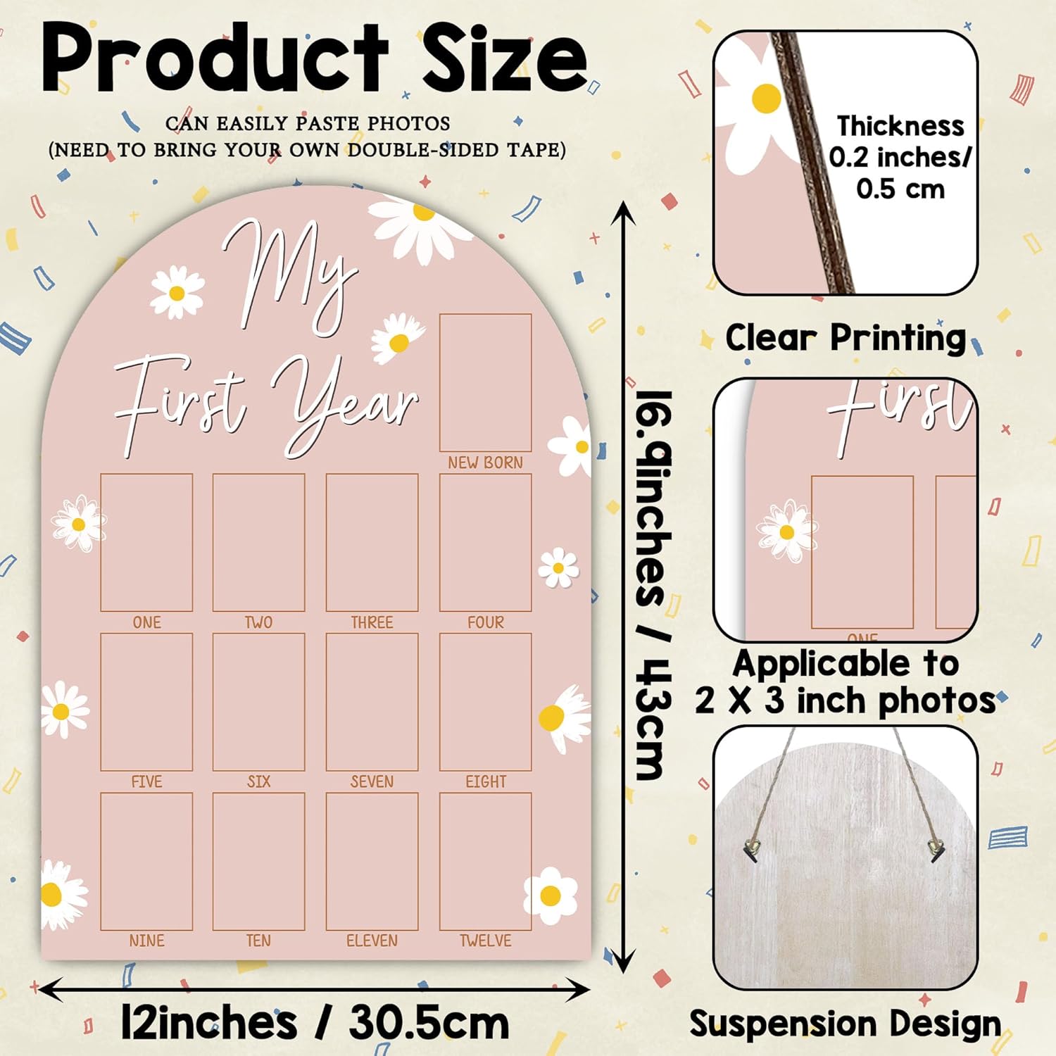 One Year Wood Photo Board for Baby Milestones 1