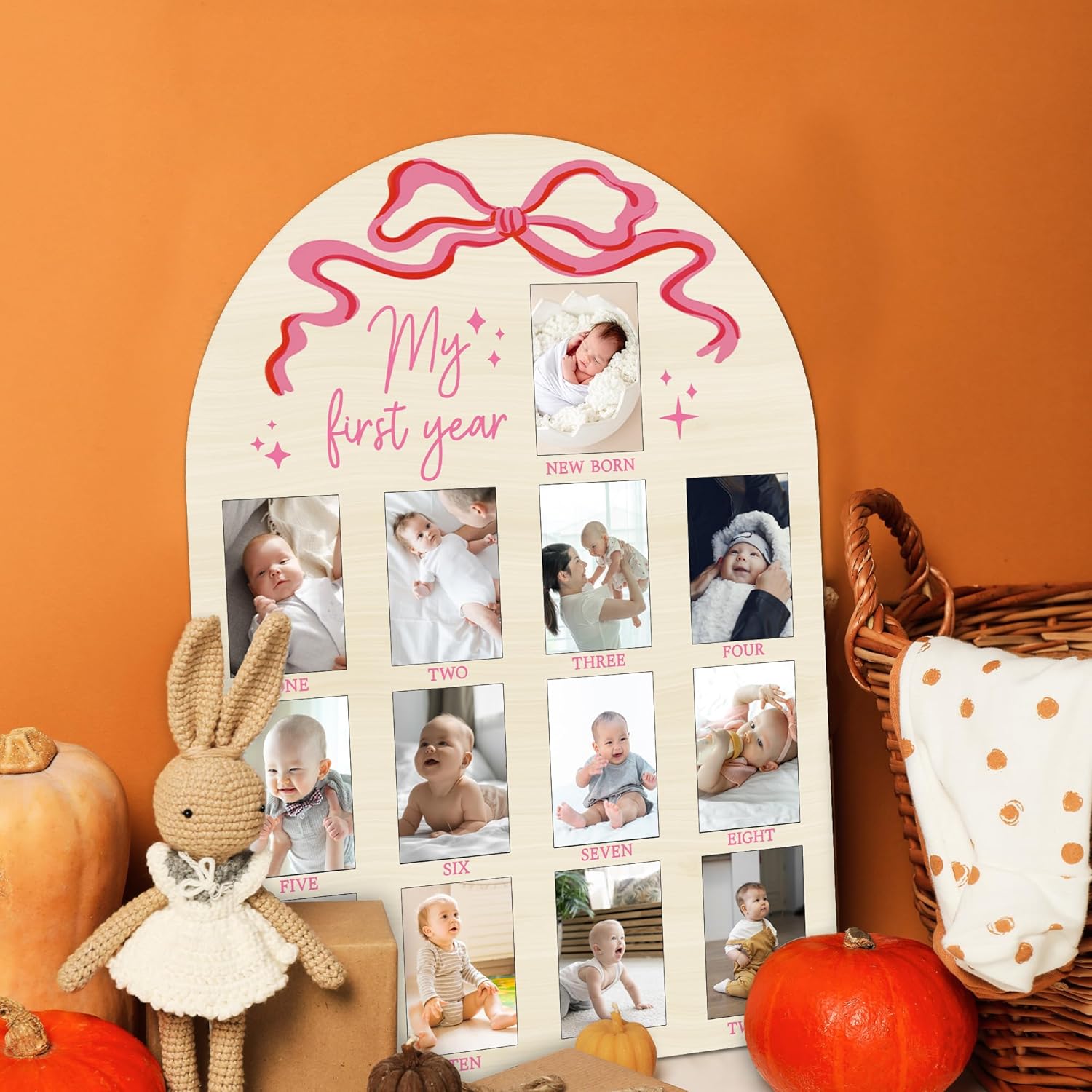 My First Year Milestone Photo Board with Pink Bow