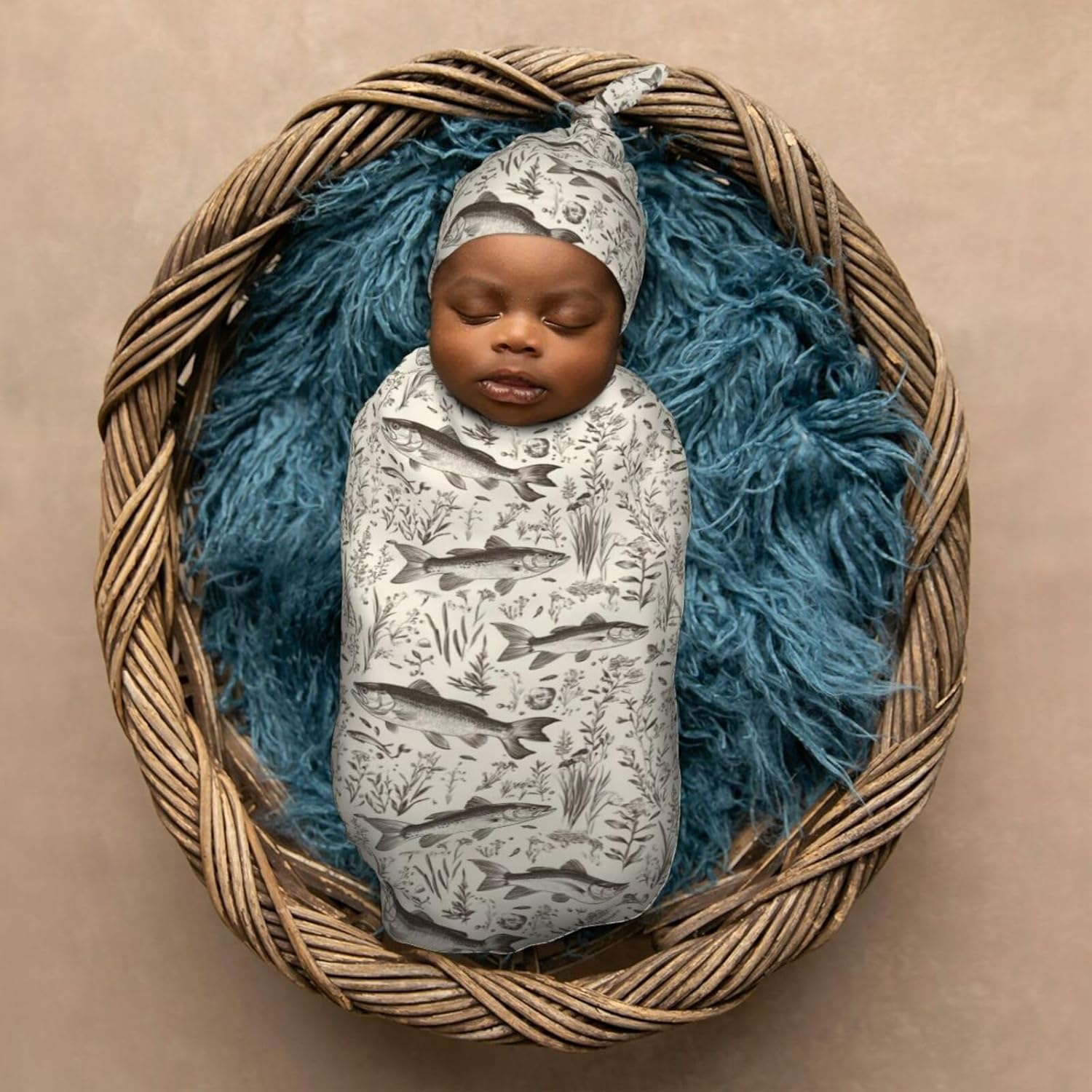 Muishi Vintage Bass Fishes Fishing Swaddle Blanket Hat Set 1