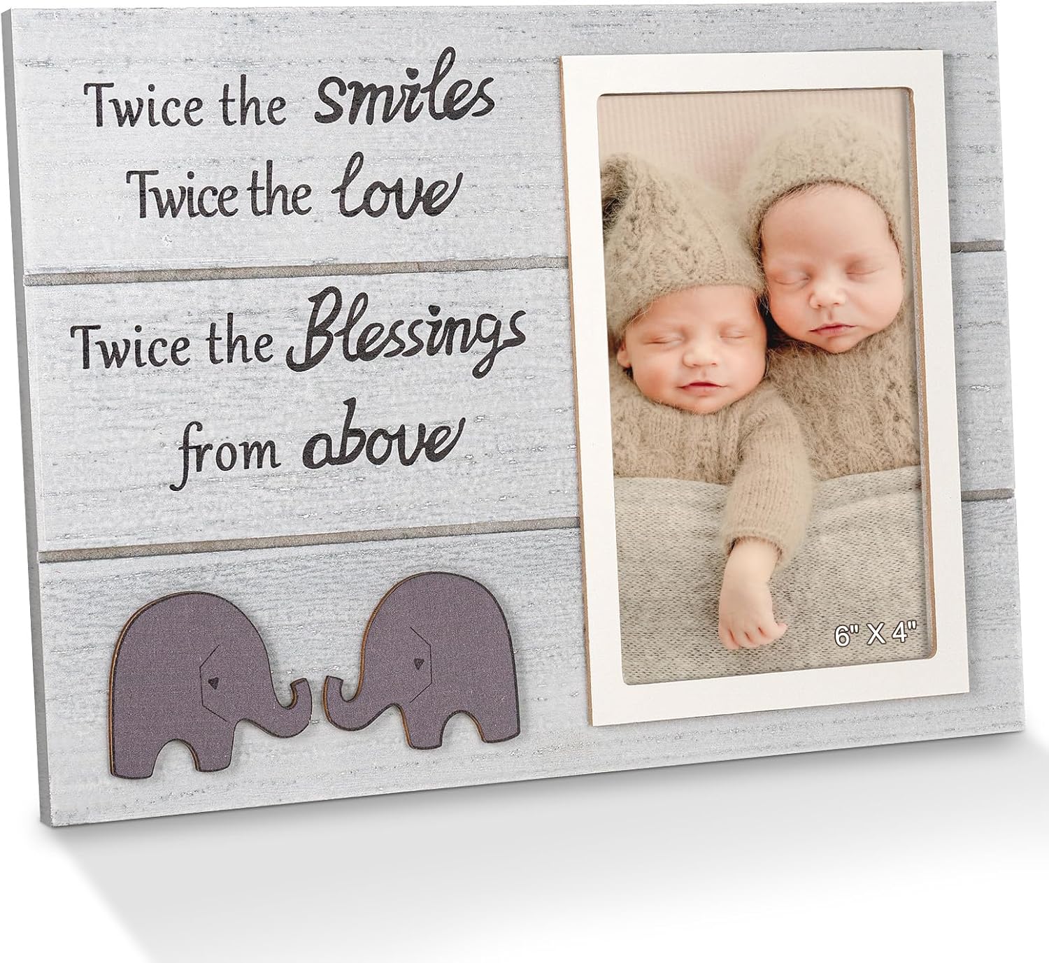 Twins Picture Frame with Elephant Design - 4x6 White