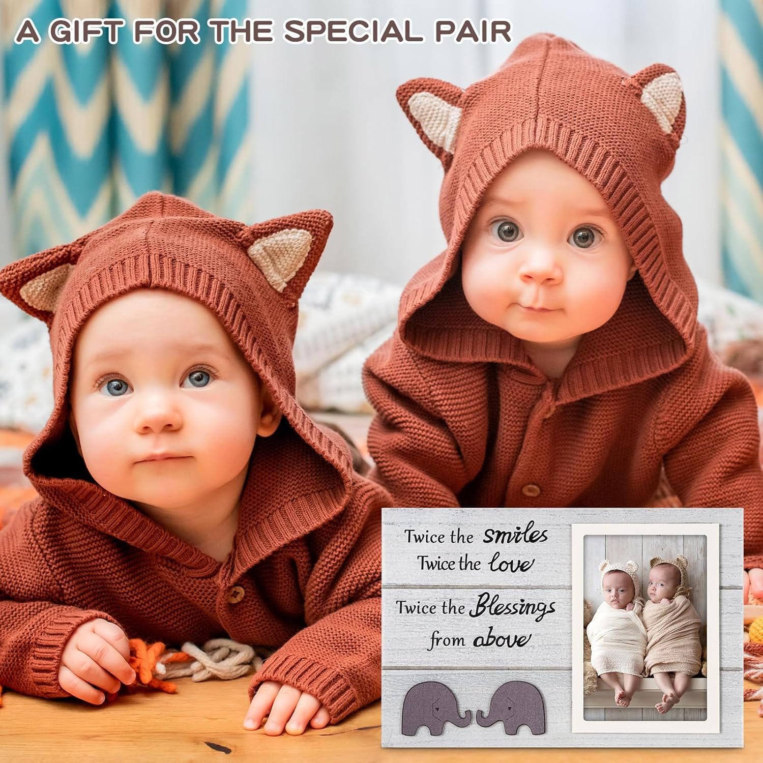 Twins Picture Frame with Elephant Design - 4x6 White