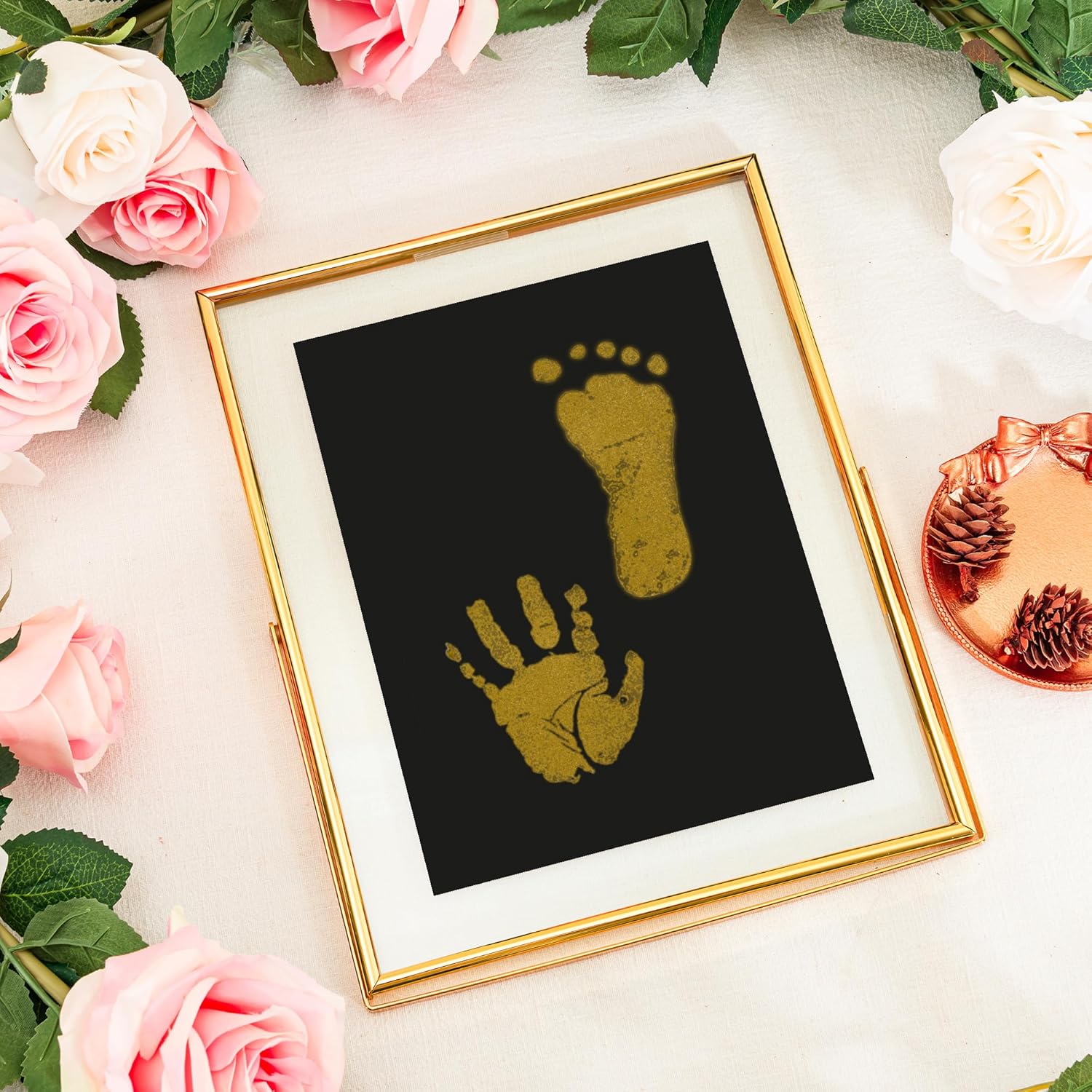 Calculs Baby Keepsake Frame with Ink Pad - Gold Floating Picture Frame for Babys First Year