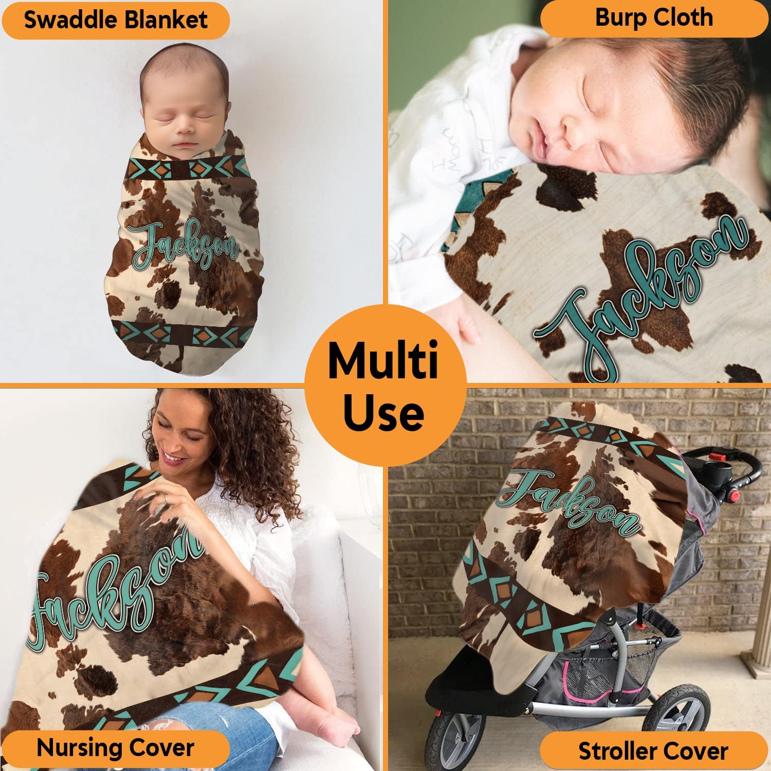 Personalized Baby Blanket with Cow Print - Custom Name Keepsake for Newborns