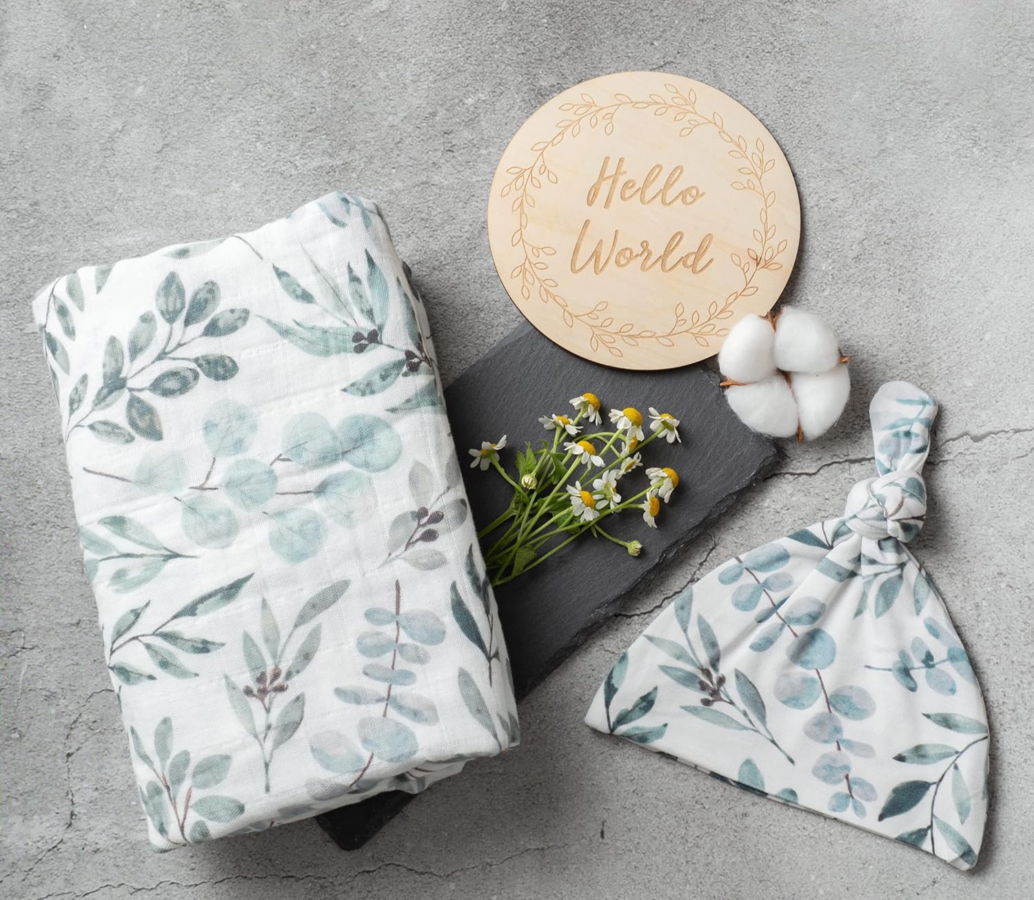 Miaoberry Organic Muslin Swaddle Blanket with Free Hat and Wooden Sign