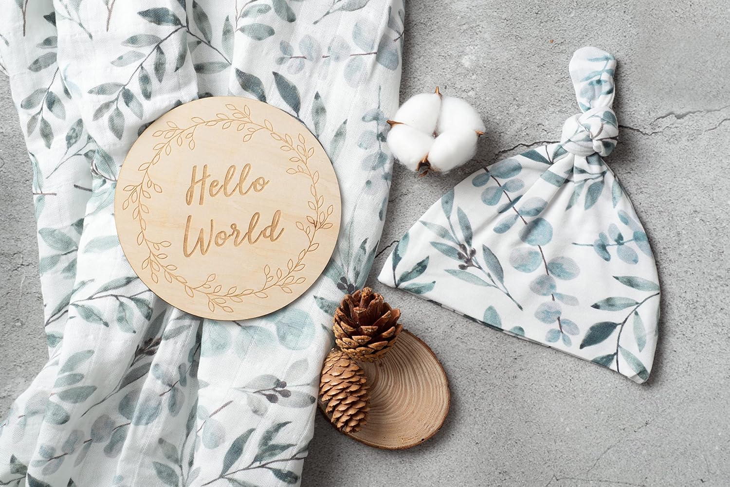Miaoberry Organic Muslin Swaddle Blanket with Free Hat and Wooden Sign