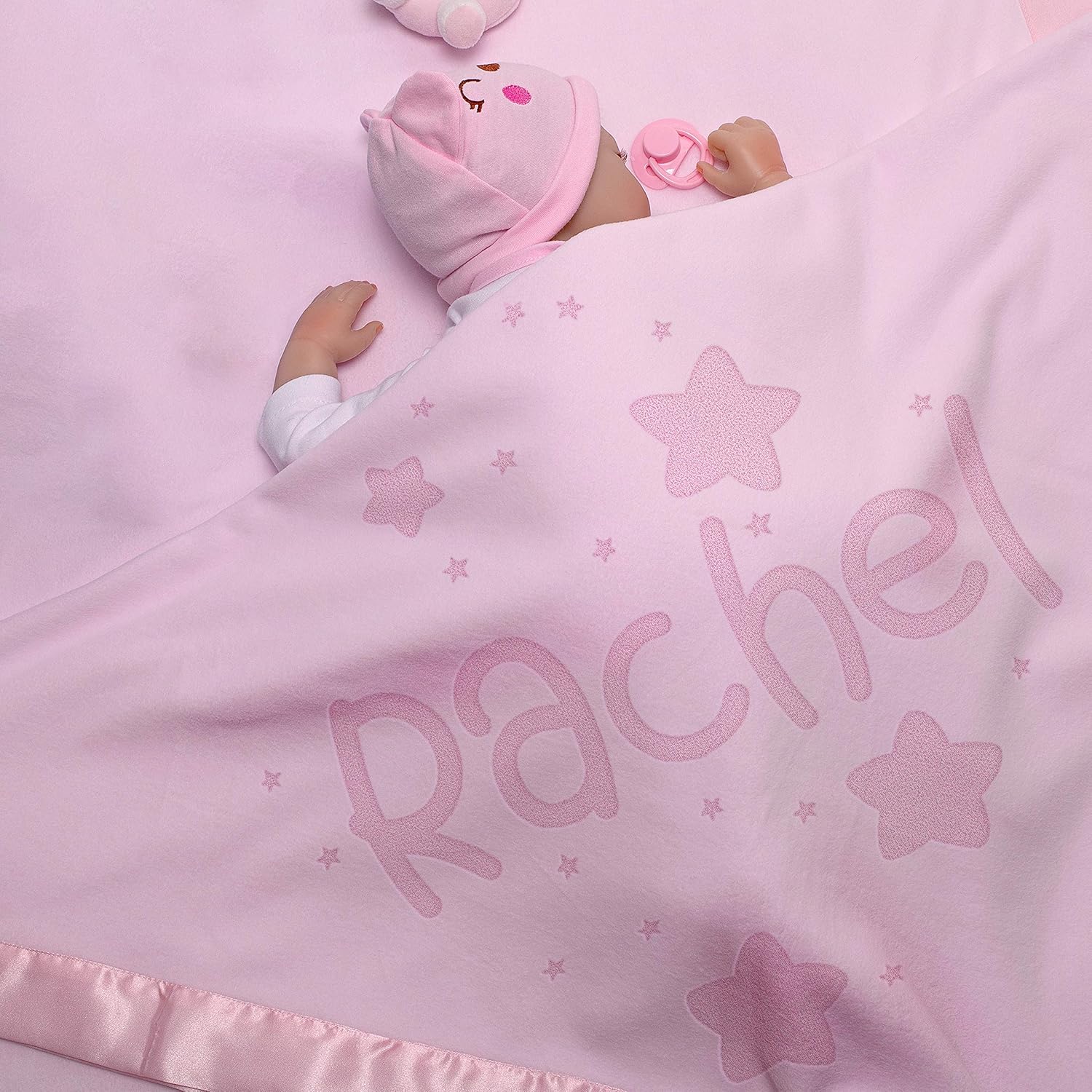 Be Burgundy Personalized Baby Blanket with Name - 36x36 in Satin Trim Fleece Pink - Stars