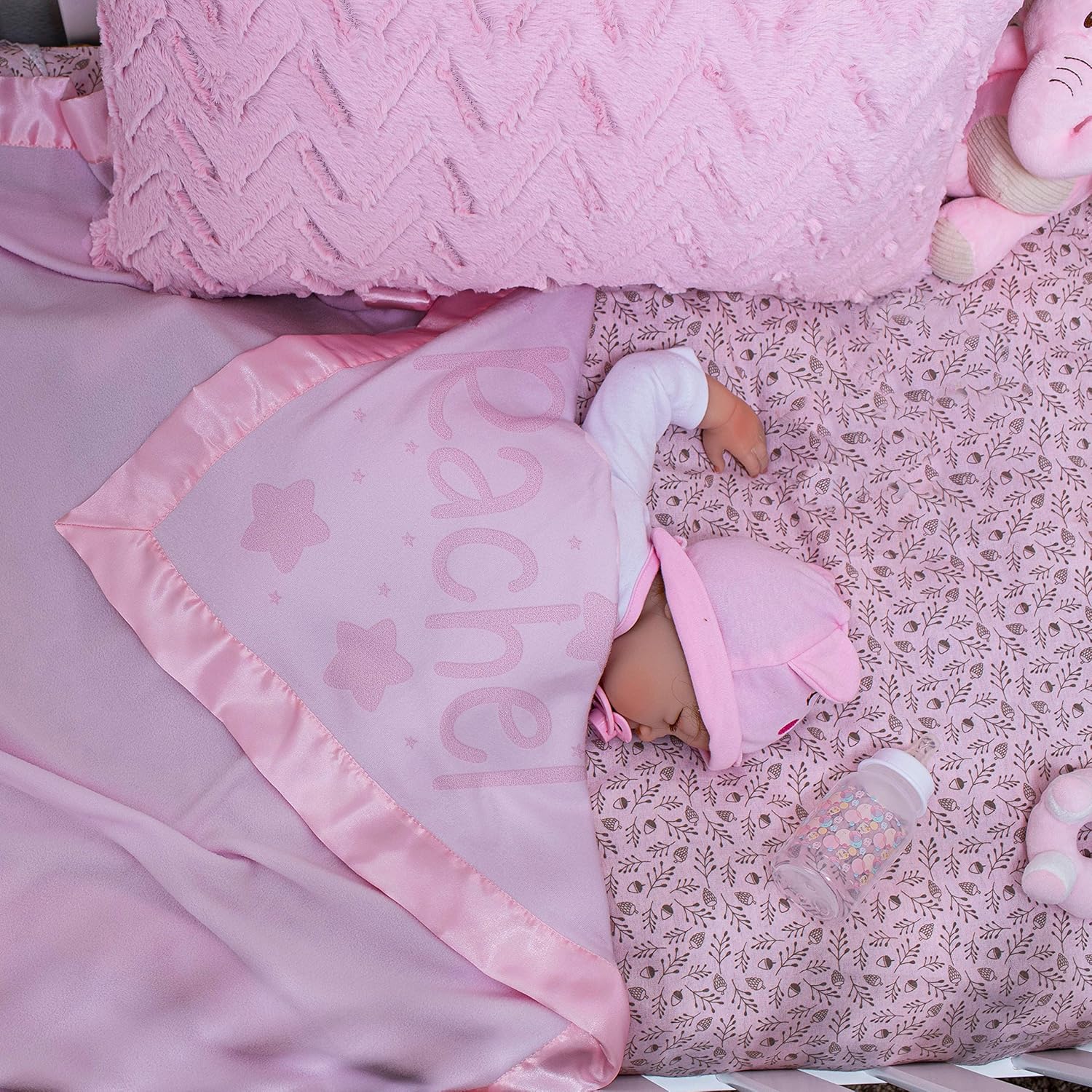 Be Burgundy Personalized Baby Blanket with Name - 36x36 in Satin Trim Fleece Pink - Stars