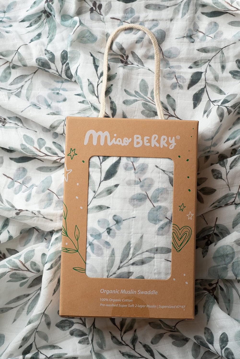 Miaoberry Organic Muslin Swaddle Blanket with Free Hat and Wooden Sign