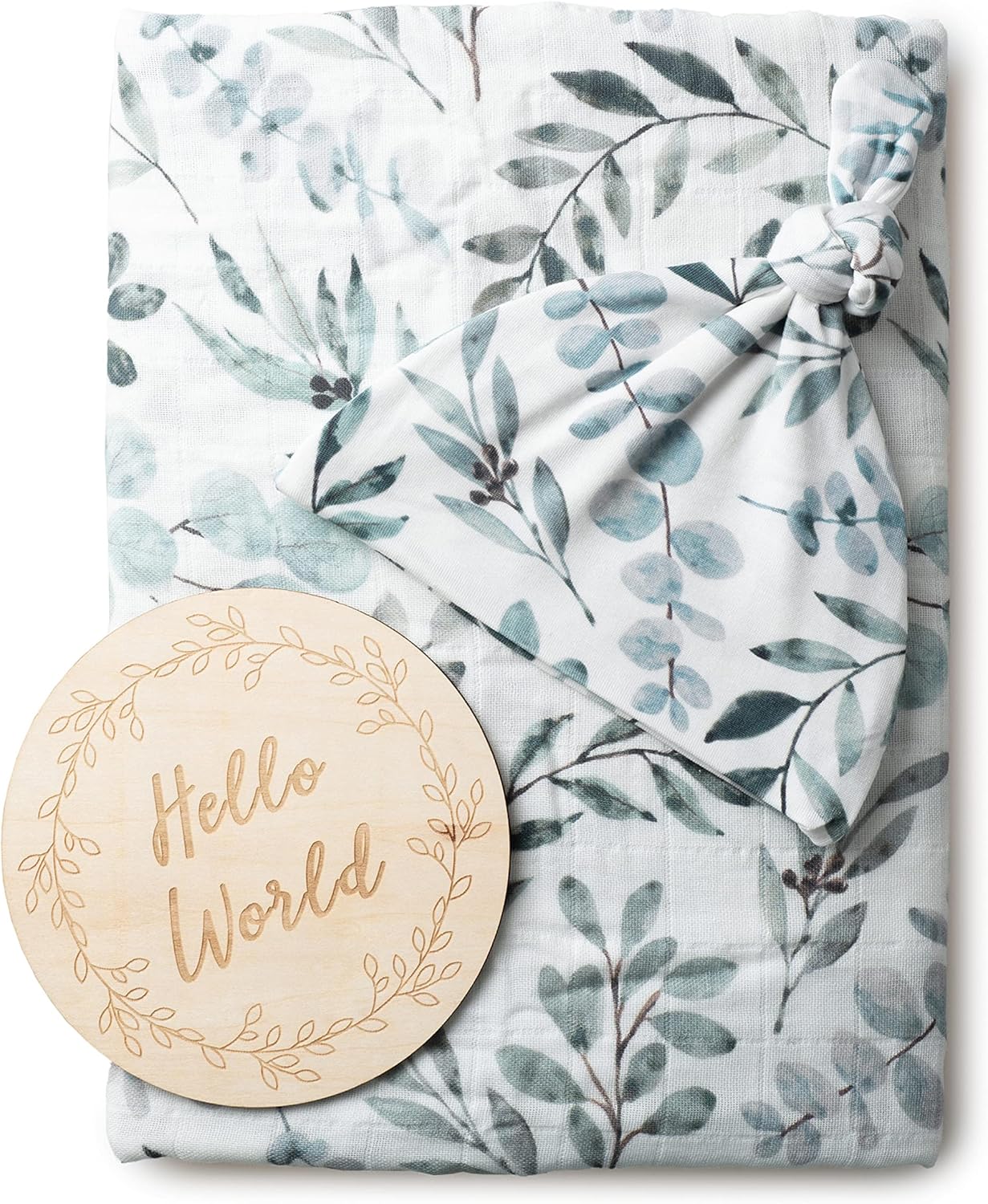 Miaoberry Organic Muslin Swaddle Blanket with Free Hat and Wooden Sign