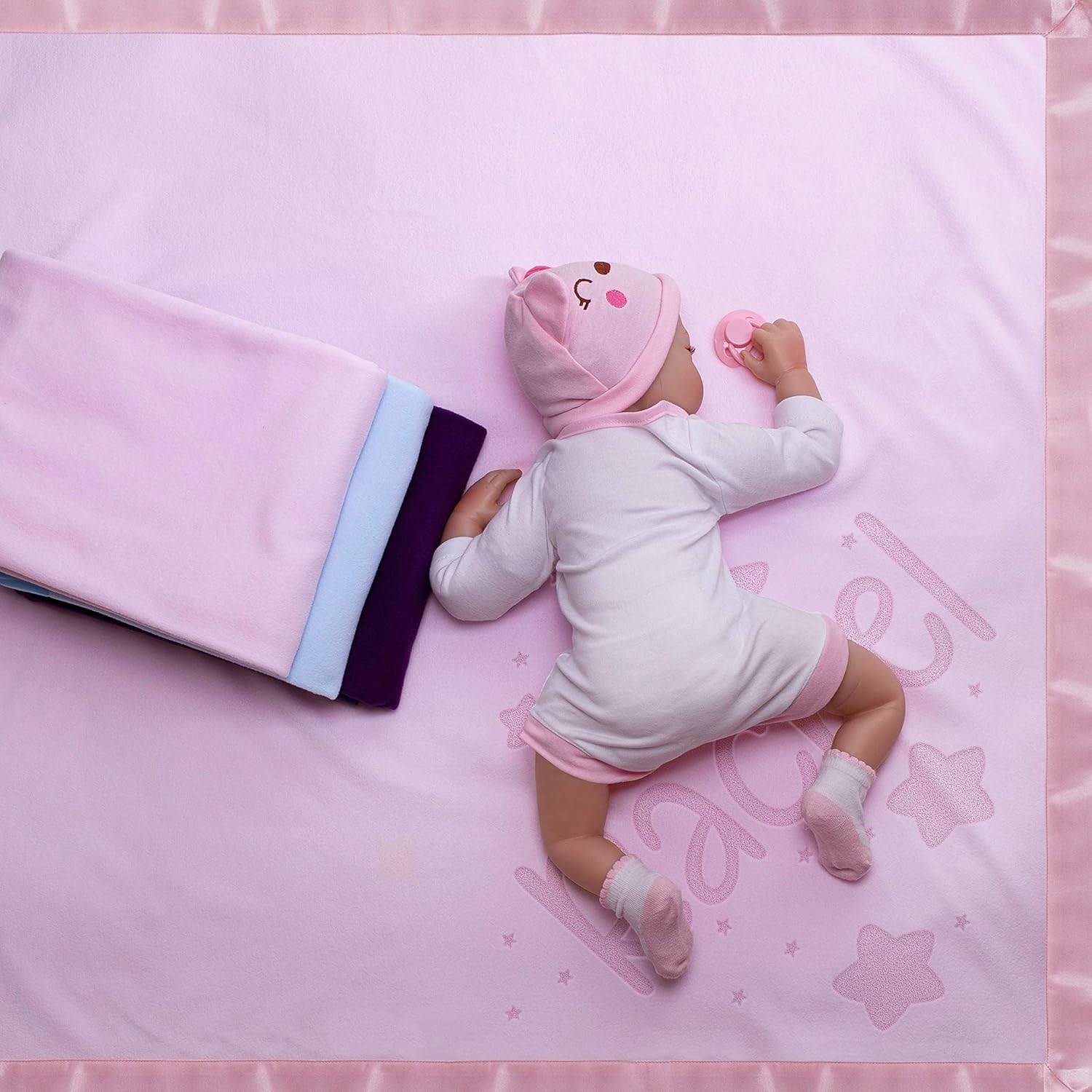 Be Burgundy Personalized Baby Blanket with Name - 36x36 in Satin Trim Fleece Pink - Stars