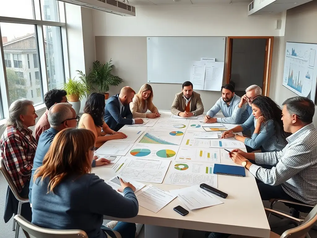 An image depicting a strategic planning session with stakeholders discussing IT initiatives around a conference table, with laptops and presentation slides visible.