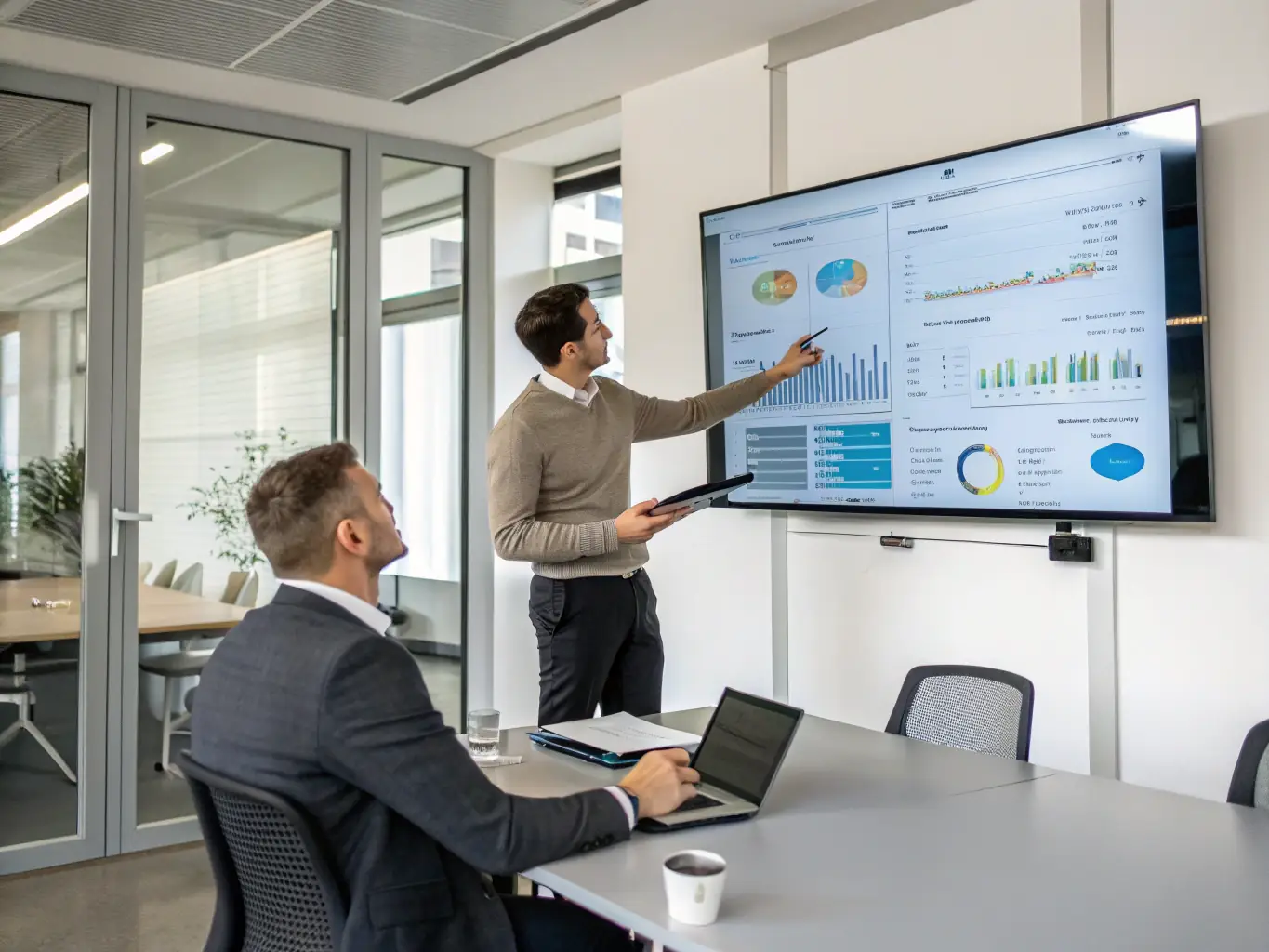 A professional image of a consultant presenting data-driven insights to a client, emphasizing the analytical approach to problem-solving.