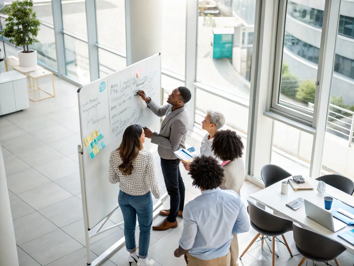An image showcasing a team of consultants collaborating with a client on a digital transformation strategy, brainstorming ideas on a whiteboard in a modern office setting.